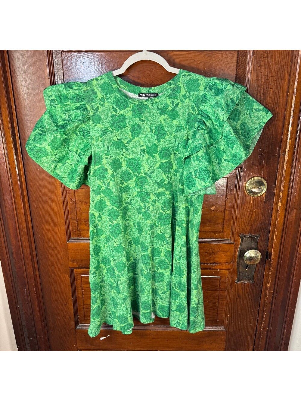 Zara Green Floral Mini Dress with double-ruffled flutter sleeves Size small